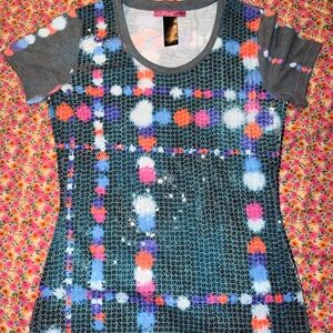 Custo Barcelona Gray Tee with Multicolor Plaid Dots